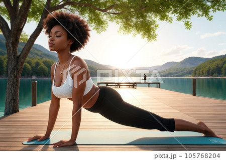 Full body calm hispanic barefoot woman in black activewear performing Urdhva Mukha Svanasana while meditating on wooden pier of sea. Generative AI 105768204