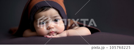 Adorable happy caucasian four-five months baby in winter knitted hat lying on bed, looking at camera on dark background. Banner, copy space text. Warm winter clothes for babies concept. Generative AI 105768225