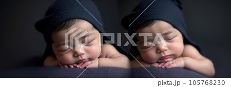 Tiny newborn twins boys in blue knitted hats on a dark background. A newborn twin sleeps next to his brother. Newborn two twins boys lying next each other. Banner, copy space text. Generative AI 105768230