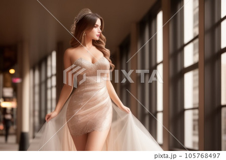 Happy beautiful blonde woman posing at city street. Bokeh lights background. Going to party summer evening. Red lips teeth smile. Fancy Glided cocktail dress. Big city life young style. Generative AI 105768497