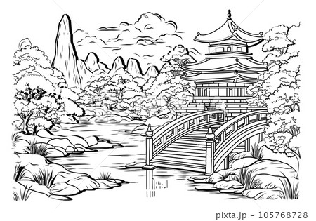 Japanese Landscape Coloring page. coloring page of japanese garden. Japanese Landscape Coloring page. coloring page of japanese garden. 105768728