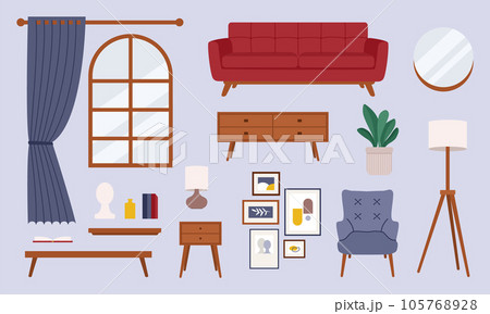 Living room interior elements set in flat retro style. Vector red retro sofa, armchair, posters. Vector illustration 105768928