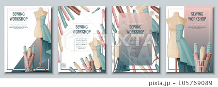 Flyer set with sewing mannequin and fabric rolls.Light industry. Needlework, hobby, sewing. Poster banner for sewing shop, workshop, atelier Flyer set with sewing mannequin and fabric rolls.Light industry. Needlework, hobby, sewing. Poster banner for sewing shop, workshop, atelier 105769089