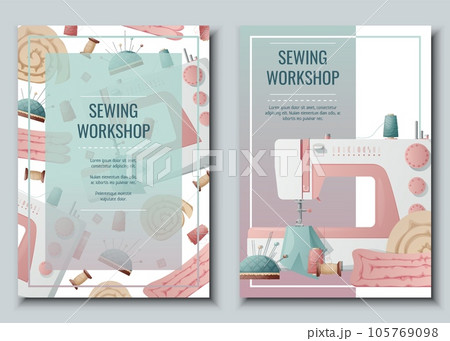 Flyer design set with sewing machine and sewing supplies. Light industry. Needlework, hobby, sewing. Poster banner for sewing shop, workshop, atelier. 105769098