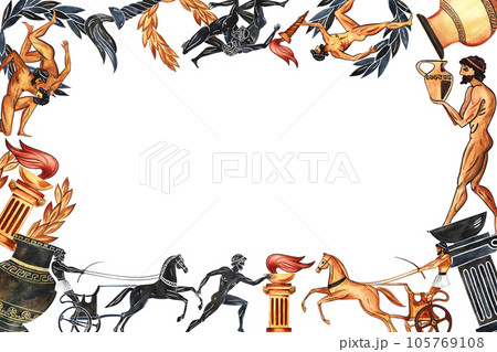 Frame with ancient Greek Olympic elements and athletes. In the style of ancient Greek vase painting. Watercolor hand drawn illustration. Isolate. For postcards, prints and posters. for banners. 105769108