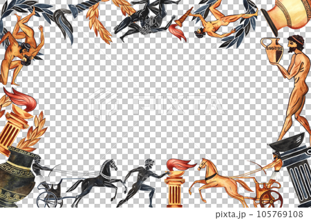 Frame with ancient Greek Olympic elements and athletes. In the style of ancient Greek vase painting. Watercolor hand drawn illustration. Isolate. For postcards, prints and posters. for banners. 105769108