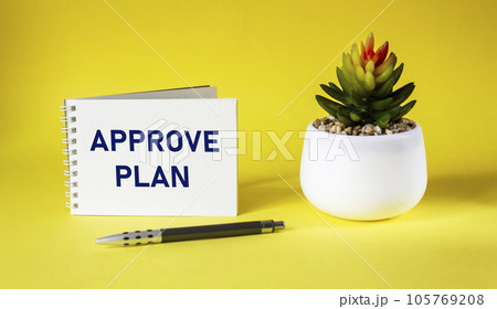 Approved plan. The text APPROVED PLAN is written on a notebook with a cactus on a yellow background. 105769208