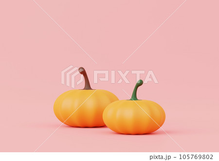 3d render, Halloween party elements decoration with glowing lantern orange pumpkins on pastel background, trick or treat concept. 105769802