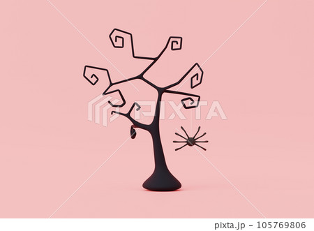 3d render, Halloween party elements decoration with spooky dead tree, web and spider on pastel background, trick or treat ghost day concept. 3d render, Halloween party elements decoration with spooky dead tree, web and spider on pastel background, trick or treat ghost day concept. 105769806