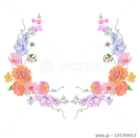 Watercolor botanical colourful frame of summer and autumn flowers: dahlia, zinnia, lathyrus, gillyflower, nasturtium. Good for wedding print products, paper, invitations, greetings, fabric, posters 105769913