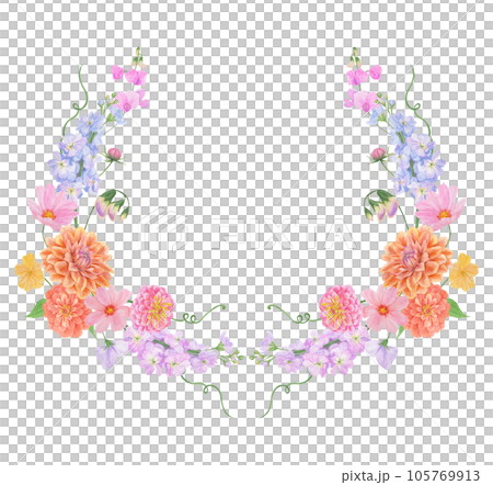 Watercolor botanical colourful frame of summer and autumn flowers: dahlia, zinnia, lathyrus, gillyflower, nasturtium. Good for wedding print products, paper, invitations, greetings, fabric, posters 105769913