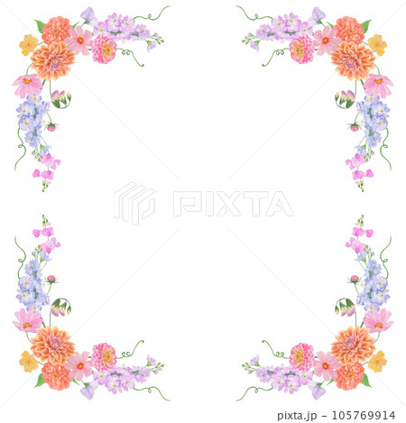 Watercolor botanical colourful frame of summer and autumn flowers: dahlia, zinnia, lathyrus, gillyflower, nasturtium. Good for wedding print products, paper, invitations, greetings, fabric, posters Watercolor botanical colourful frame of summer and autumn flowers: dahlia, zinnia, lathyrus, gillyflower, nasturtium. Good for wedding print products, paper, invitations, greetings, fabric, posters 105769914