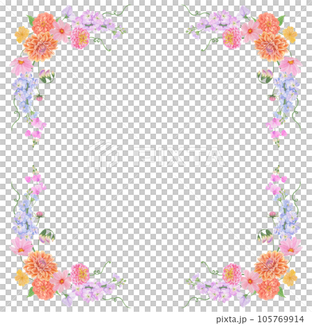 Watercolor botanical colourful frame of summer and autumn flowers: dahlia, zinnia, lathyrus, gillyflower, nasturtium. Good for wedding print products, paper, invitations, greetings, fabric, posters Watercolor botanical colourful frame of summer and autumn flowers: dahlia, zinnia, lathyrus, gillyflower, nasturtium. Good for wedding print products, paper, invitations, greetings, fabric, posters 105769914