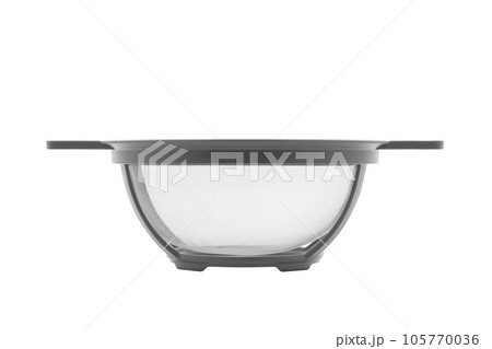 White plastic cooking colander or strainer with handles on white background 105770036