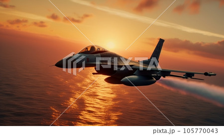 F-16 air force fighter flying over the ocean, beautiful sunset over horizon on the background. Jet military aircraft patrols territory, makes a training flight. Close up aerial view. 3D rendering. F-16 air force fighter flying over the ocean, beautiful sunset over horizon on the background. Jet military aircraft patrols territory, makes a training flight. Close up aerial view. 3D rendering. 105770043