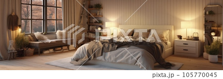 Panoramic image of a country style wooden bedroom in a luxury cottage or hotel. Comfortable large bed, bedside tables, commode, panoramic window. Home decor, cozy interior. 3D rendering. Panoramic image of a country style wooden bedroom in a luxury cottage or hotel. Comfortable large bed, bedside tables, commode, panoramic window. Home decor, cozy interior. 3D rendering. 105770045