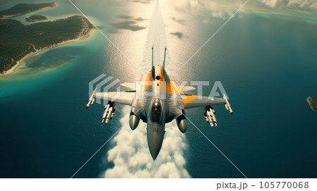 Top view of a military jet fighter flying over the sea, beautiful coastline on the background. Jet trail behind the plane. Territory patrol, military maneuvers, training flight. 3D rendering. Top view of a military jet fighter flying over the sea, beautiful coastline on the background. Jet trail behind the plane. Territory patrol, military maneuvers, training flight. 3D rendering. 105770068