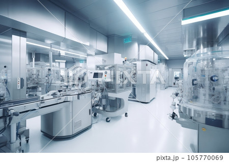 Contemporary drug production workshop interior. Spacy bright sterile room, facility with modern industrial machinery. Manufacturing process: pharmaceutics, semiconductors, biotechnology. 3D rendering. 105770069