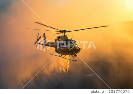 Rescue firefighting helicopter extinguishes a forest fire by dropping a large amount of water on a burning coniferous forest. Saving forests, fighting forest fires. Aerial close-up view. 3D rendering. Rescue firefighting helicopter extinguishes a forest fire by dropping a large amount of water on a burning coniferous forest. Saving forests, fighting forest fires. Aerial close-up view. 3D rendering. 105770070