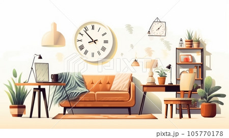 Sketchy image of elegant cozy boho style living room interior with wall clock. Comfortable couch, desk with chair, houseplants in pots, wooden shelving, home decor. Mockup, illustration. Sketchy image of elegant cozy boho style living room interior with wall clock. Comfortable couch, desk with chair, houseplants in pots, wooden shelving, home decor. Mockup, illustration. 105770178