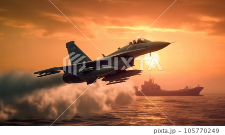 F-16 air force fighter flying over the ocean, beautiful sunset and a ship on the background. Jet military aircraft patrols territory, makes a training flight. Close up aerial view. 3D rendering. F-16 air force fighter flying over the ocean, beautiful sunset and a ship on the background. Jet military aircraft patrols territory, makes a training flight. Close up aerial view. 3D rendering. 105770249