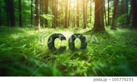 CO2 symbol on green grass in a forest. Lower carbon footprints to limit global warming and climate change. Sustainable development and business based on renewable energy. Reduce CO2 emission concept. CO2 symbol on green grass in a forest. Lower carbon footprints to limit global warming and climate change. Sustainable development and business based on renewable energy. Reduce CO2 emission concept. 105770255