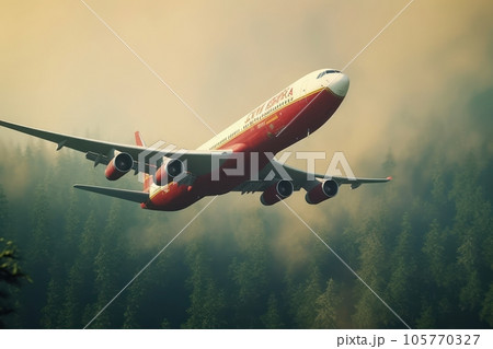 Rescue firefighting aircraft extinguishes forest fire by dumping water on burning pine forest. Coniferous forest in thick smoke on the background. Saving forests, fighting forest fires. 3D rendering. 105770327