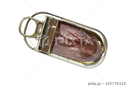 Opened tin can of anchovy fillet in oil isolated on a white background. Top view 105770328