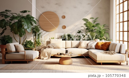 Cozy Elegant Boho Style Living Room Interior In Natural Colors. Comfortable  Corner Couch With Cushions, Many Houseplants, Elegant Coffee Table, Rug On  Wooden Floor, Home Decor. 3D Rendering. Stock Photo, Picture and