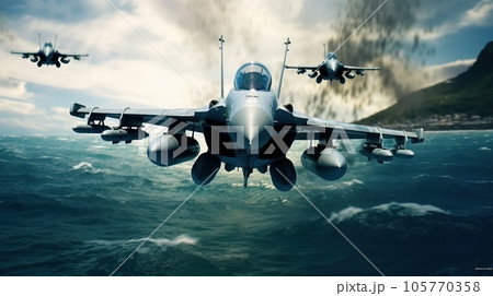 Three air force fighters flying over the ocean at low altitude, coastline on the background. Jet military aircraft patrols territory, makes a training flight. Close-up aerial view. 3D rendering. 105770358