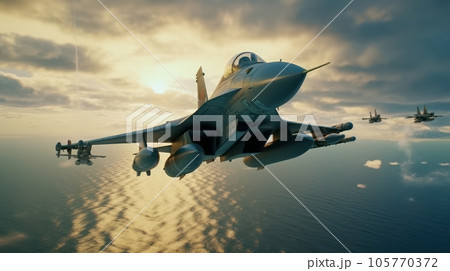 Group of air force fighters flying over the ocean at low altitude, beautiful sky on the background. Jet military aircraft patrols territory, makes training flight. Close-up aerial view. 3D rendering. Group of air force fighters flying over the ocean at low altitude, beautiful sky on the background. Jet military aircraft patrols territory, makes training flight. Close-up aerial view. 3D rendering. 105770372