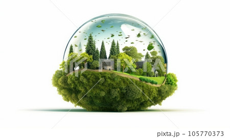 Symbolic 3D image of the globe with elements of human activity and nature. Environment, save clean planet, ecology concept. Saving nature for future generations. Earth Day banner with copy space. Symbolic 3D image of the globe with elements of human activity and nature. Environment, save clean planet, ecology concept. Saving nature for future generations. Earth Day banner with copy space. 105770373