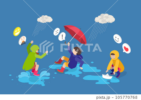3D Isometric Flat Vector Conceptual Illustration of Walking Outdoors In Rain 105770768