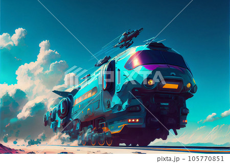 Futuristic transport train on blue sky digital art illustration cartoonish 105770851