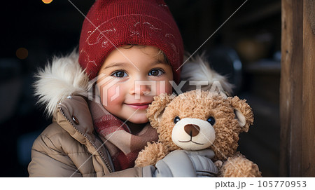 Cute Young Toddler Girl Dressed for a Snowy Christmas Holding Her Teddy Bear. Generative AI. 105770953