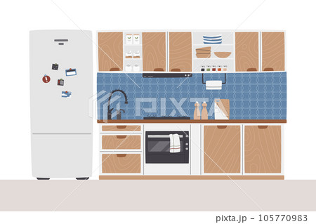 Classic mid century kitchen set with high fridge Classic mid century kitchen set with high fridge 105770983
