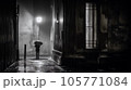 man under the rain with an umbrella in a dark street - generative AI 105771084