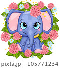 a blue elephant sitting in a flower filled frame with pink flowers 105771234