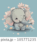 a blue elephant sitting in a flower filled 105771235