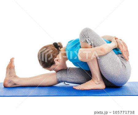 Yoga - young beautiful slender woman yoga instructor doing Forward Bends Sage Twist A pose (Marichyasana A) asana exercise isolated on white background 105771738