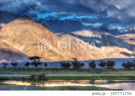 HDR (high dynamic range) image of Nubra river in Nubra valley in Himalayas, Hunder, Ladakh, India 105771756