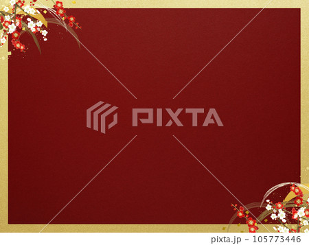 紅白の梅と波のシンプルな和風フレーム 105773446