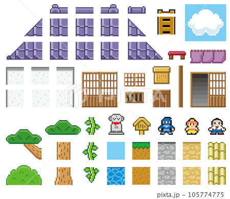 ゲーム風ドット絵 和風建物パーツセット ゲーム風ドット絵 和風建物パーツセット 105774775