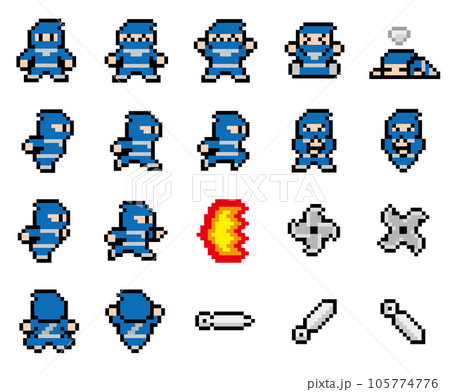 Game-style pixel art Ninja motion set - Stock Illustration