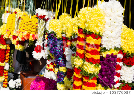 Fllower garland shop near Batu Caves Temple, Malaysia Fllower garland shop near Batu Caves Temple, Malaysia 105776087