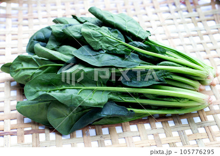Fresh spinach on bamboo weave plate Fresh spinach on bamboo weave plate 105776295