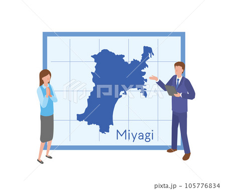 宮城県の地図を見て話すビジネスマン 105776834
