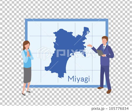 宮城県の地図を見て話すビジネスマン 105776834