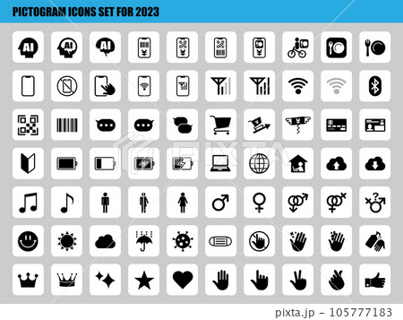 2023年版ピクトグラムのモノクロアイコンセット 105777183