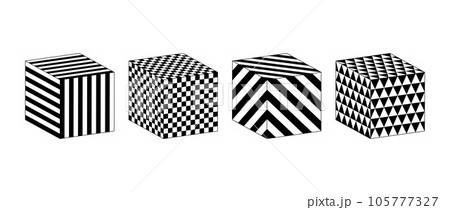 Collection of cubes with different patterns. Striped and checkered 3d squares set. Black and white geometric cubic elements for design templates, icons, logo. Abstract vector perspective box pack. Collection of cubes with different patterns. Striped and checkered 3d squares set. Black and white geometric cubic elements for design templates, icons, logo. Abstract vector perspective box pack. 105777327